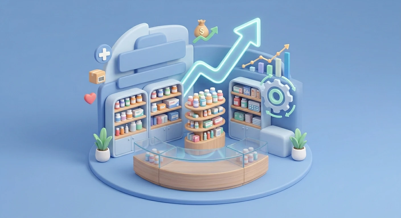 Decorative image shows a pharmacy and sales arrow goes up